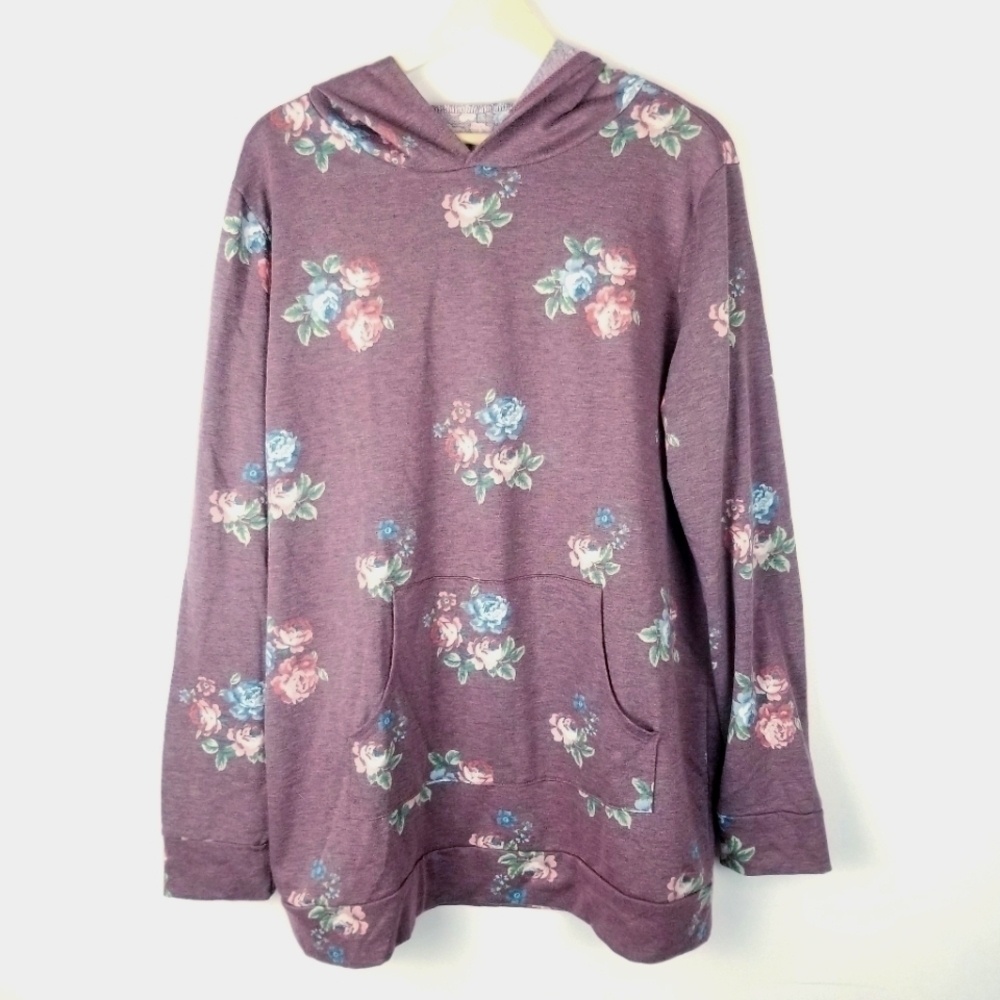 Floral Hoodie Large heathered Burgandy Roses kangaroo pocket tunic sweatshirt‎